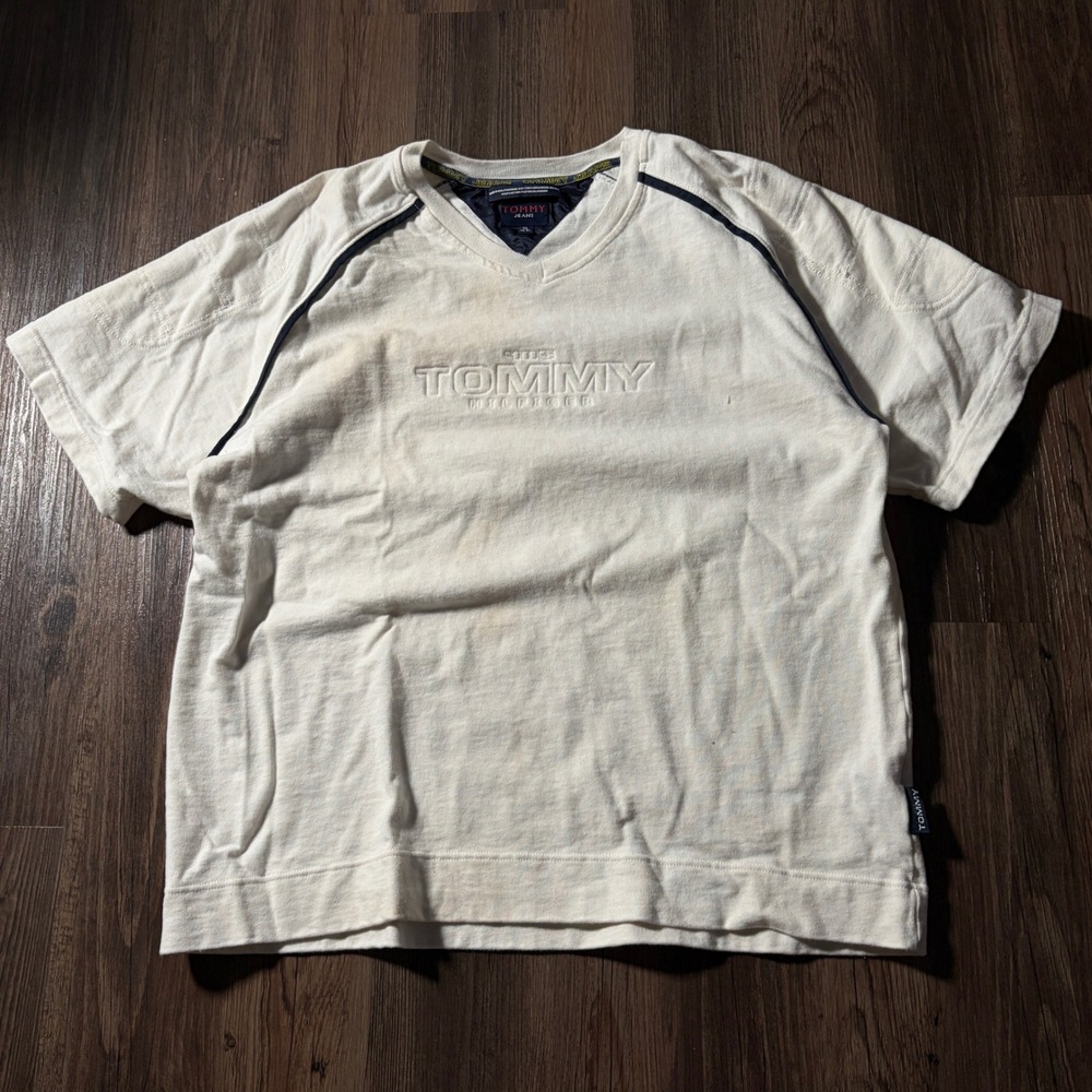 Tommy Jeans Mens XL White V Neck Embroidered Logo Short‎ Sleeve T Shirt Made USA